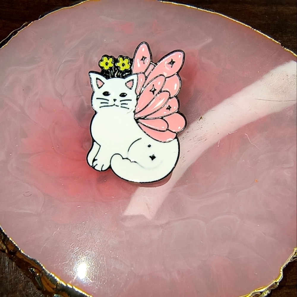 Enamel Cat Pin with Pink Wings